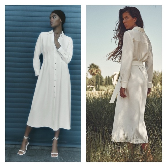 ZARA Ivory Gold Detail Long Sleeve Tailored Midi Shirt Dress XL Blogger Favorite - Picture 1 of 8